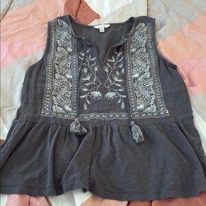 Lucky Brand Gray Embroidered Peplum Blouse